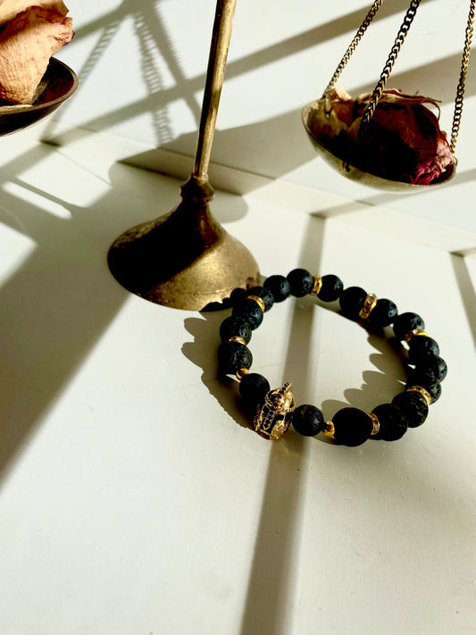 Gold Warrior Helmet with Obsidian and Lava stones male bracelet