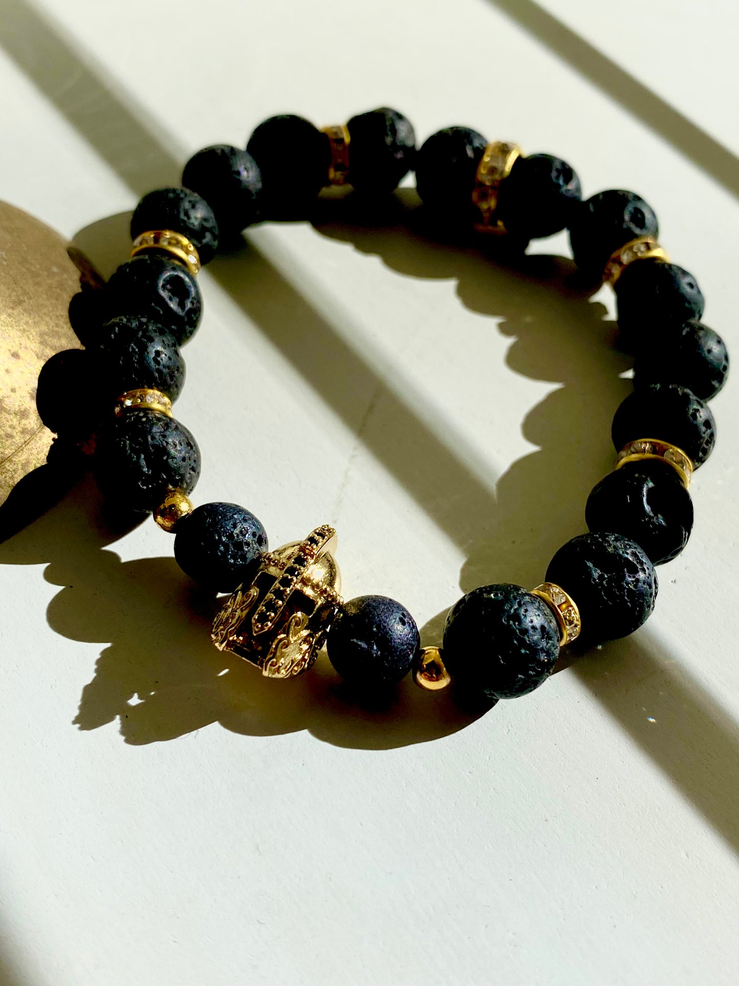 Gold Warrior Helmet with Obsidian and Lava stones male bracelet