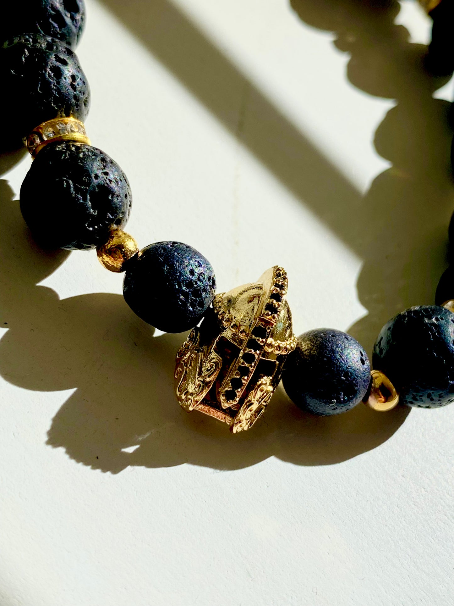 Gold Warrior Helmet with Obsidian and Lava stones male bracelet